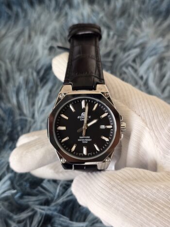 Casio Edifice Slim Line Black Dial Leather Belt Black Men's Watch